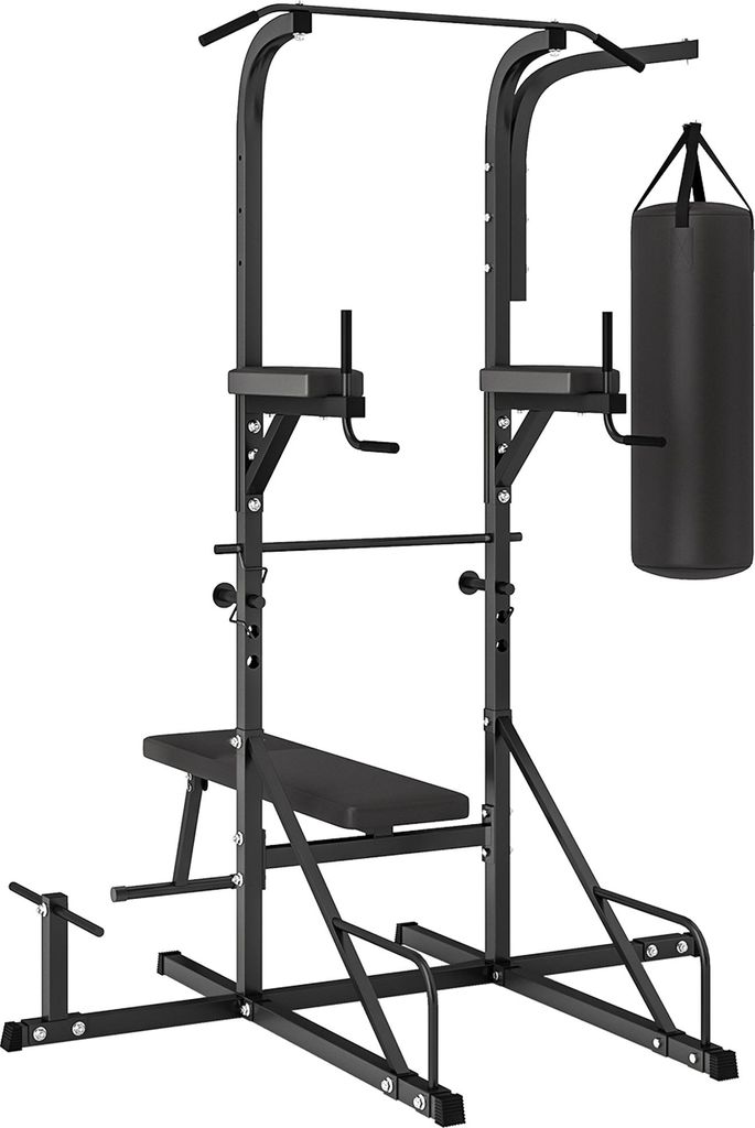 Kraftstation mit Klimmzugstange, Multifunktionale Dip-Station, Trainings-Gerät für Zuhause, mit Boxsack, Fitness, Stahl, Schwarz, 180 x 183 x 219 cm