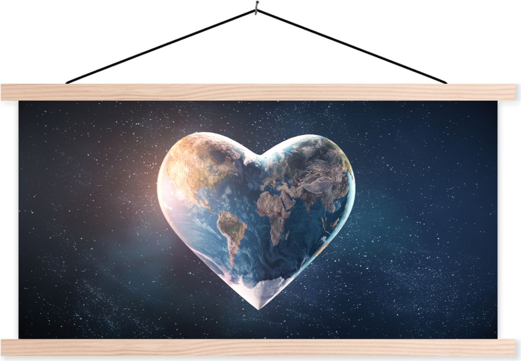 MuchoWow Textilposter Globus - Herz - Raum 120x60 cm mit holzfarbenen Rahmen - Klemmleiste