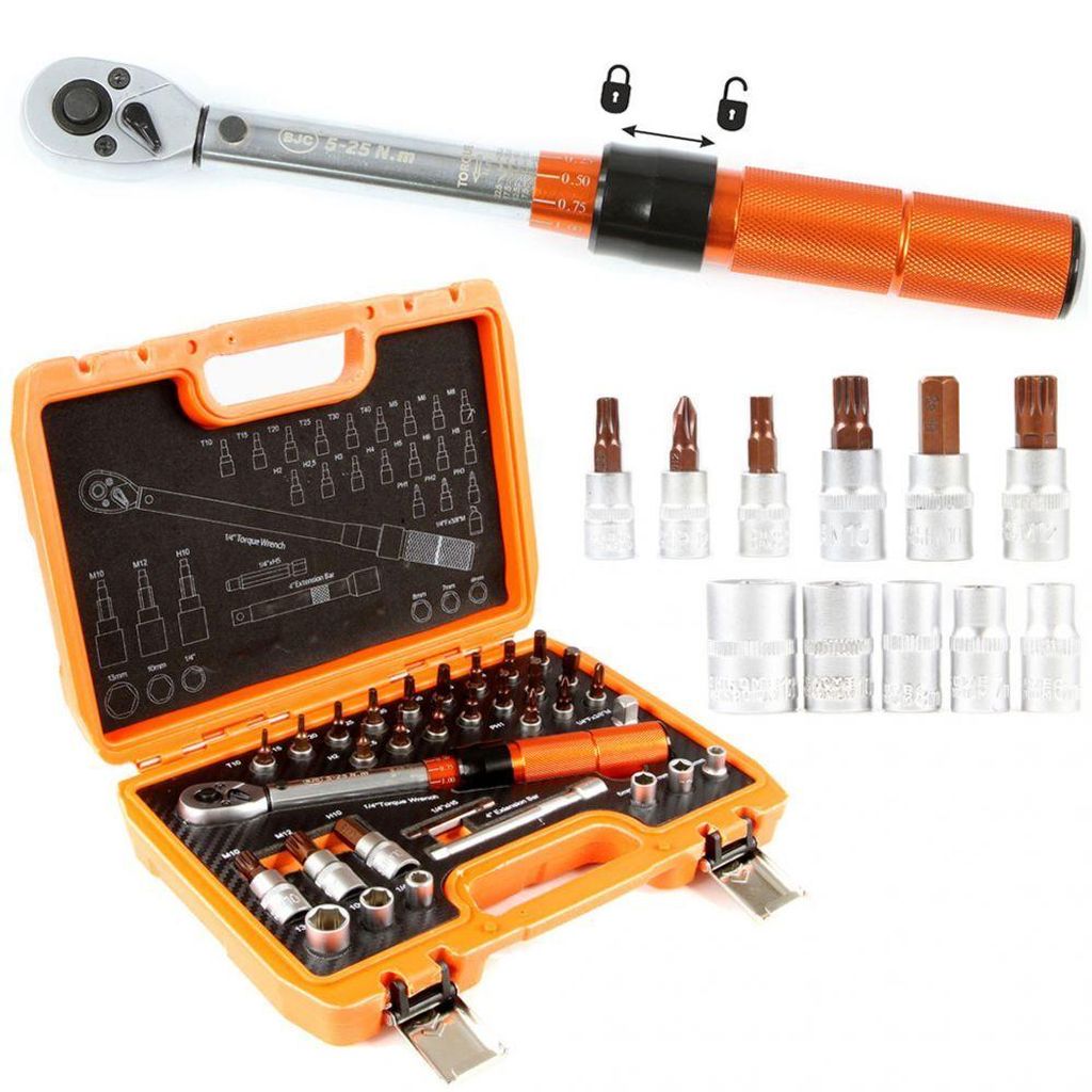 BJC Drehmomentschlüssel 1/4" 5-25 Nm inkl. Verlängerung und Stecknüsse + Box