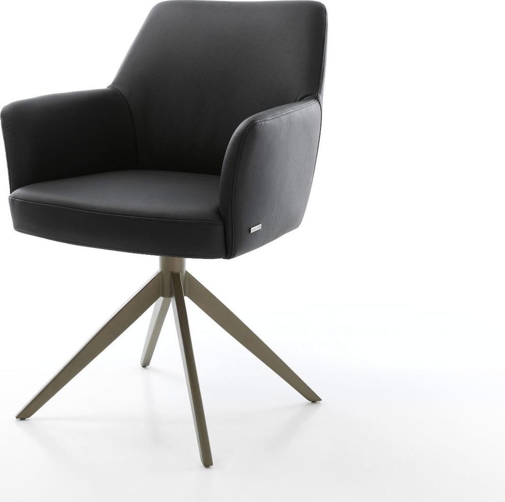 DELIFE Drehstuhl Xana-Flex mit Armlehnen Echt-Leder Schwarz Kreuzgestell breit Effektfinish Titan 360° drehbar Wippfunktion Taschenfederkern