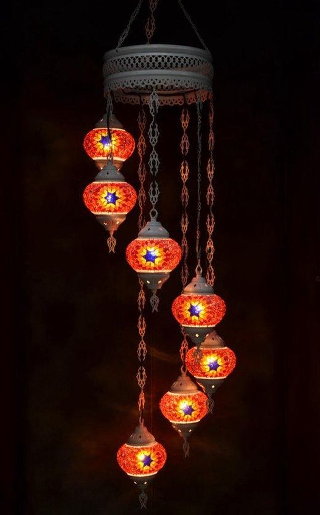 Hanglamp aus Glas mit buntem Mosaik, orientalische Kroonluchter, cremeweiß, 7 Glaskugeln, handgefertigt in der Türkei
