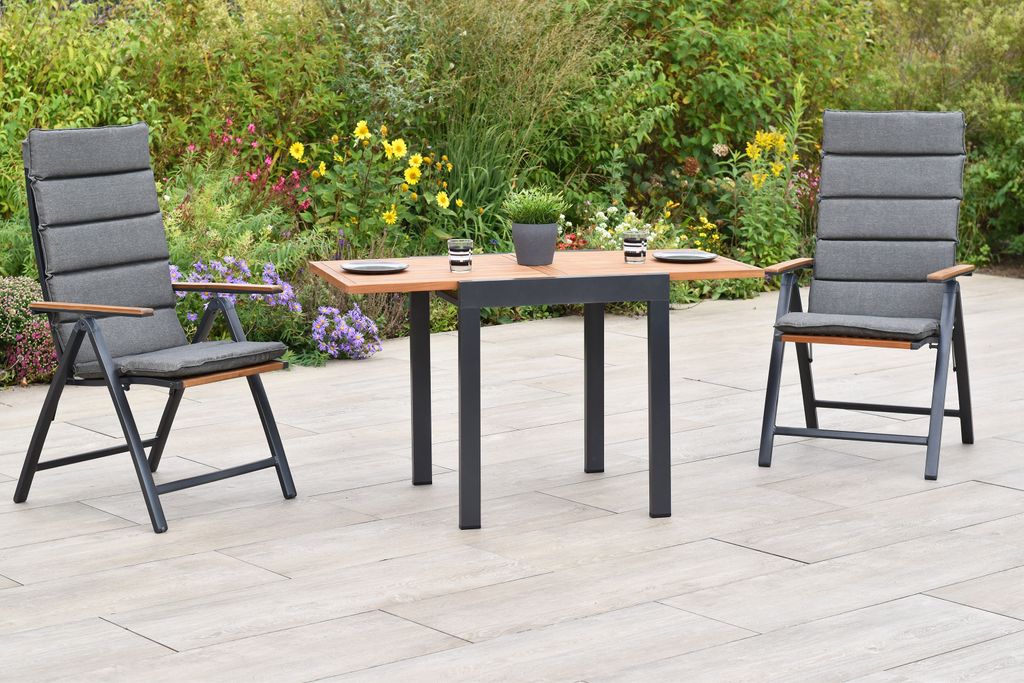 Merxx Gartenmöbel Set Athos 5tlg., 2 Klappsessel inkl. Kissen, Balkonausziehtisch 65 (130) x 65 cm- Aluminium/Akazie