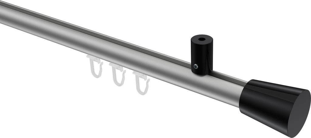 Interdeco Innenlaufstange / Gardinenstange mit Innenlauf Silbergrau / Schwarz, Typ Sonius Sitra (Konus) Deckenmontage, 20 mm Ø 1-läufig, 220 cm