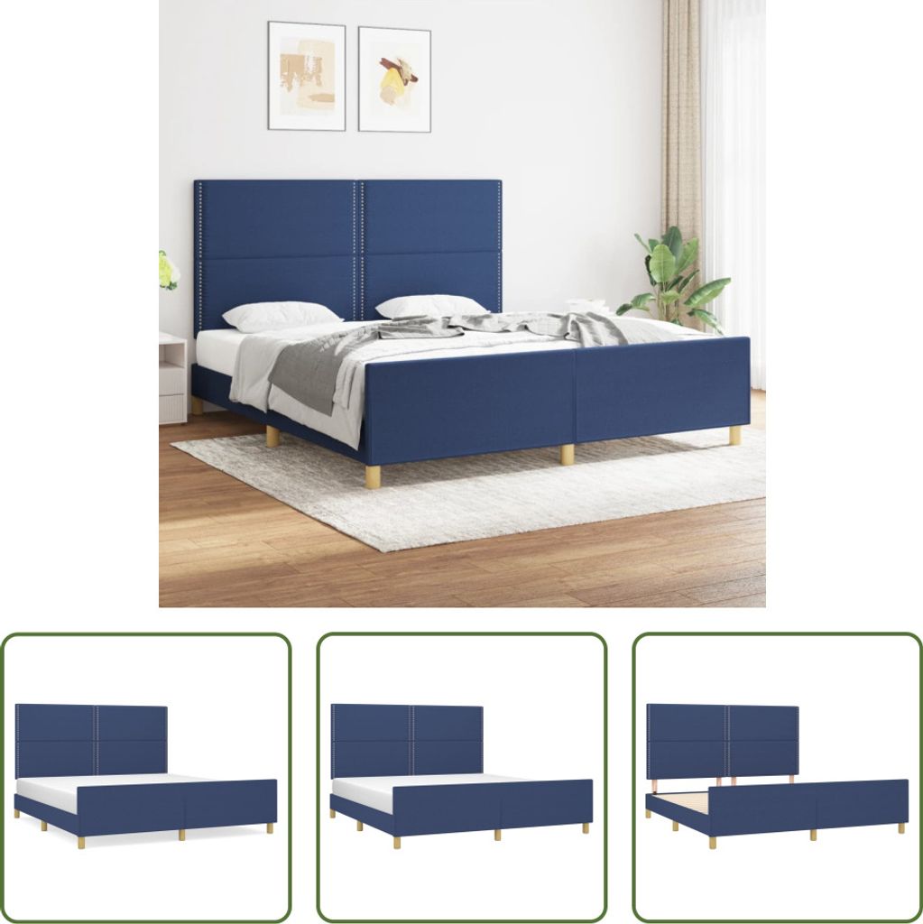 The Living Store Bettgestell mit Kopfteil Blau 180x200 cm Stoff