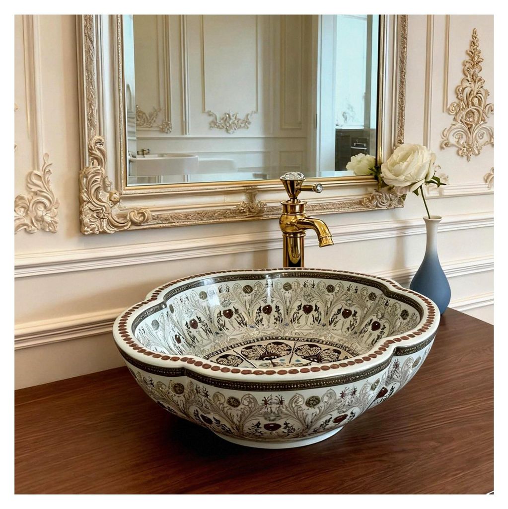 Keramik-Aufsatzwaschschale in Hellblau mit Blumendesign und goldenem Wasserhahn sowie Ablaufgarnitur für Badezimmer