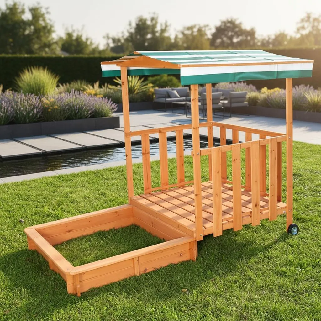 Mucola box beige con tettoia parasole e veranda gioco casetta beige box beige legno bambini box beige legno protezione UV - verde / bianco