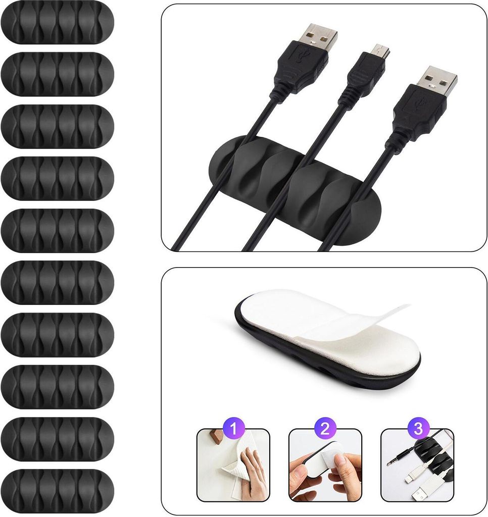 Kabel Organizer Kabelmanager 5-fach Kabelhalter Klemme Clip selbstklebend Schreibtisch Büro Farbe: Schwarz Menge: 10 Stück