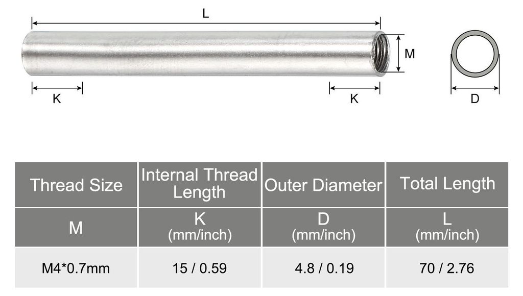 20 Stš¹ck Runde Kupplung Mutter M4x0.7mm Innengewinde 70mm Gewinde Rund Hš¹lse Verbinder Stange Bolzen Rohrmutter Hardware Befestigung Silber