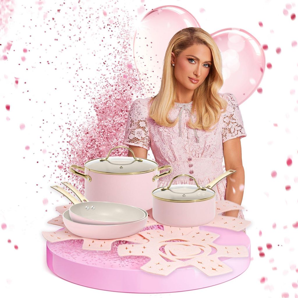 Paris Hilton Kochgeschirr-Set 10-teilig Aluminium & Keramik Antihaft-Beschichtung, Induktionsgeeignet, Spülmaschinenfest, in Pink/Creme/Gold