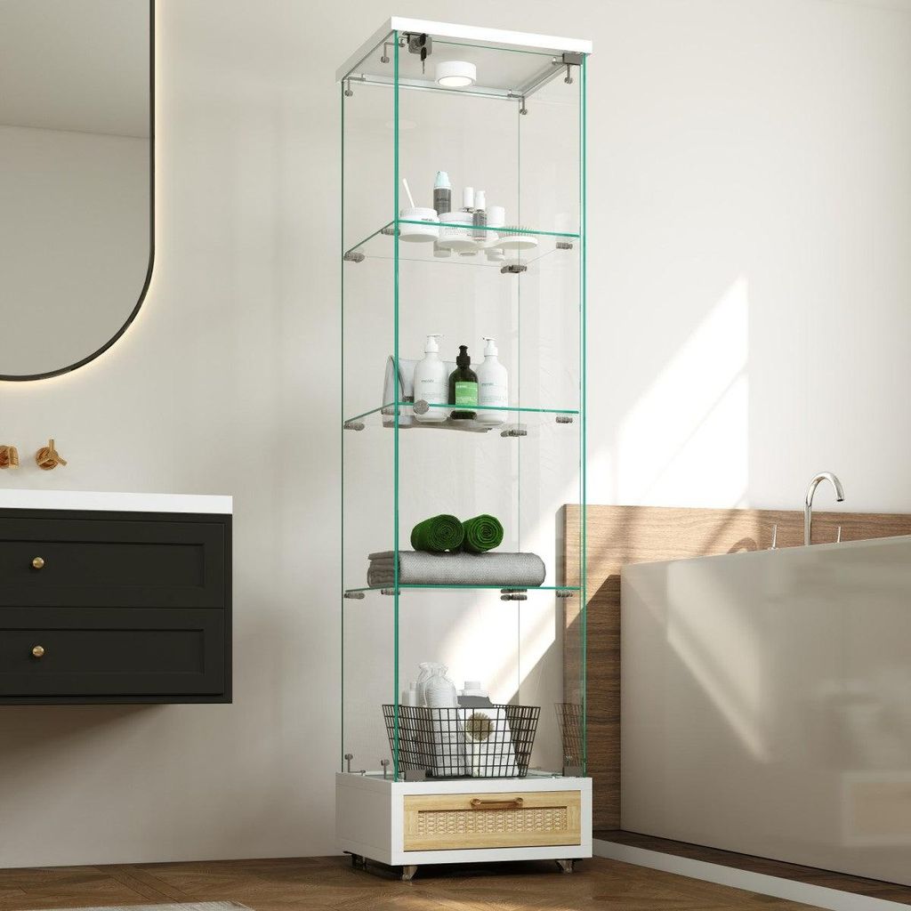 Glasvitrine Weiß 108x93x424 cm mit 4 Ebenen, 13-farbiger LED, abschließbaren Fächern & Rollen, staubdicht