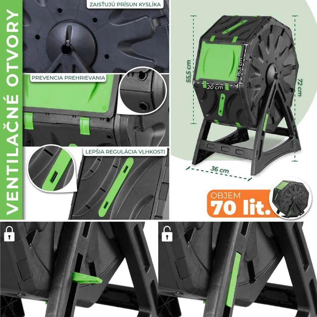 Composteur rotatif manuel de 70L pour jardin et terrasse Strend Pro - 9