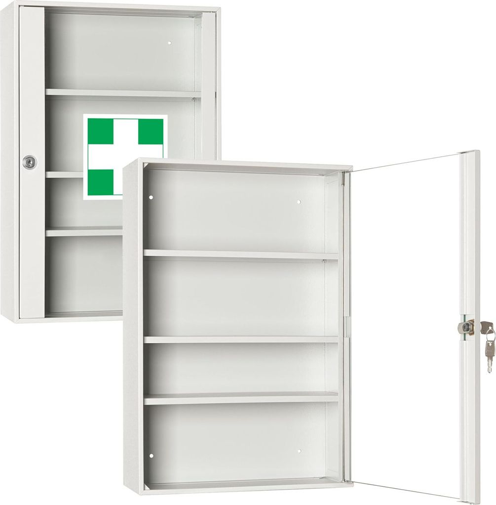 LEOMAR | Medizinschrank mit Glastüren aus Stahlblech | Abschließbare Hausapotheke mit 3 Ablagen & Schloss | Erste-Hilfe-Schrank | 14x35x52 cm