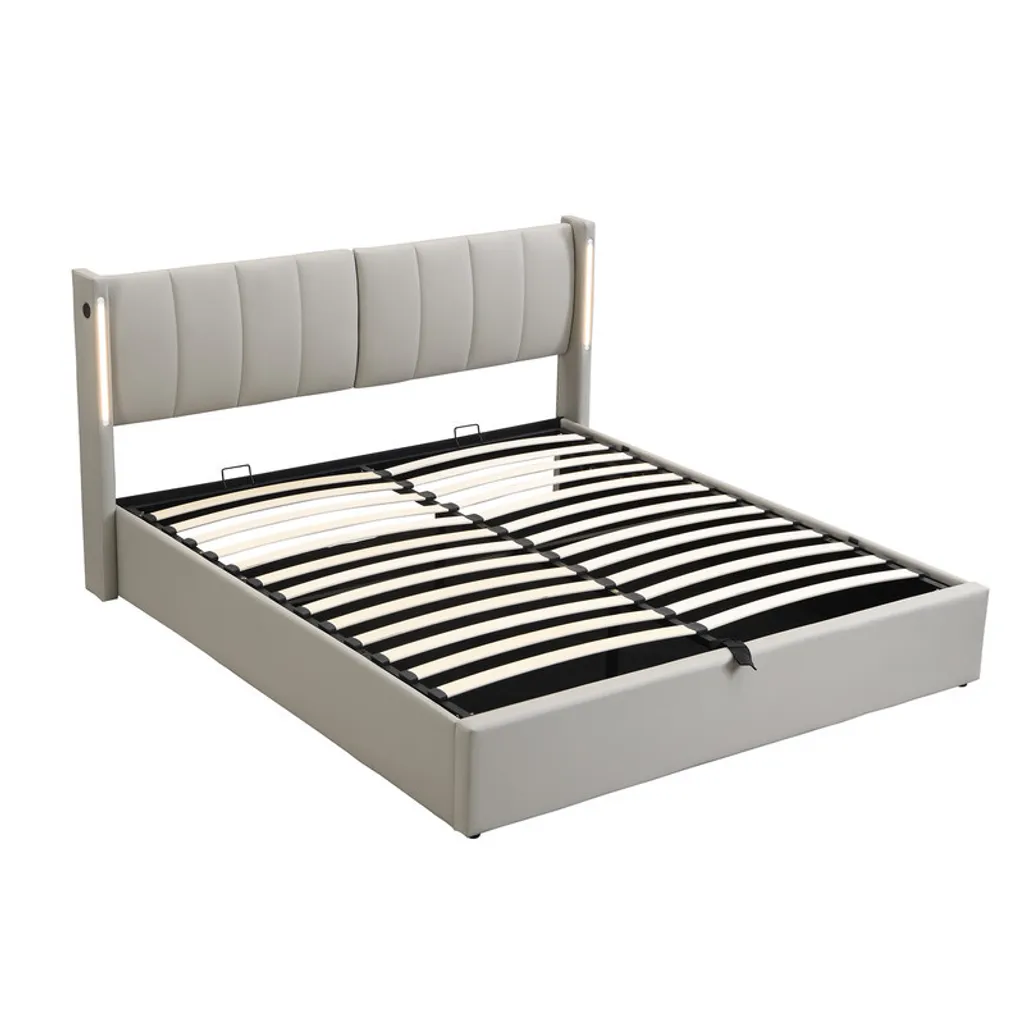 Lit Boxspring 140x200cm Gris Hydraulique avec LED et Prises USB Intégrées - 5