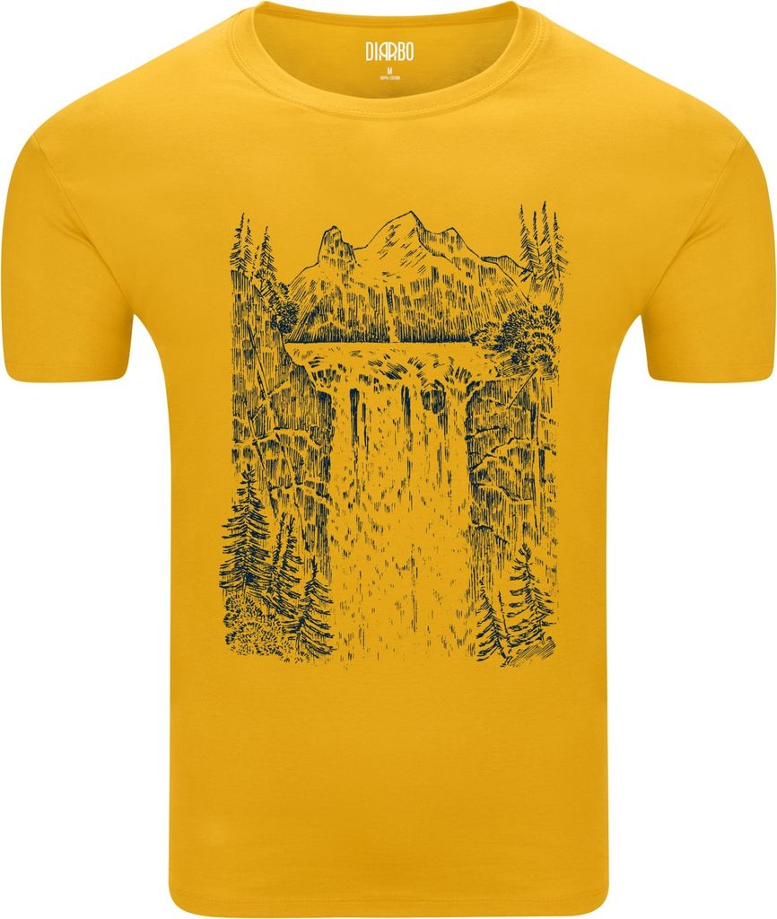 Diarbo Herren T-Shirt mit Landschaft Druck Wasserfall und Berge Gelb Gr.XL