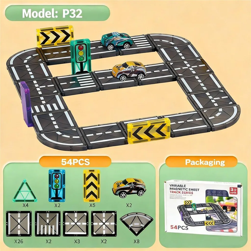 54 Blocs Magnétiques de Construction Route Noire - Jeu STEM 3 à 8 Ans - 2