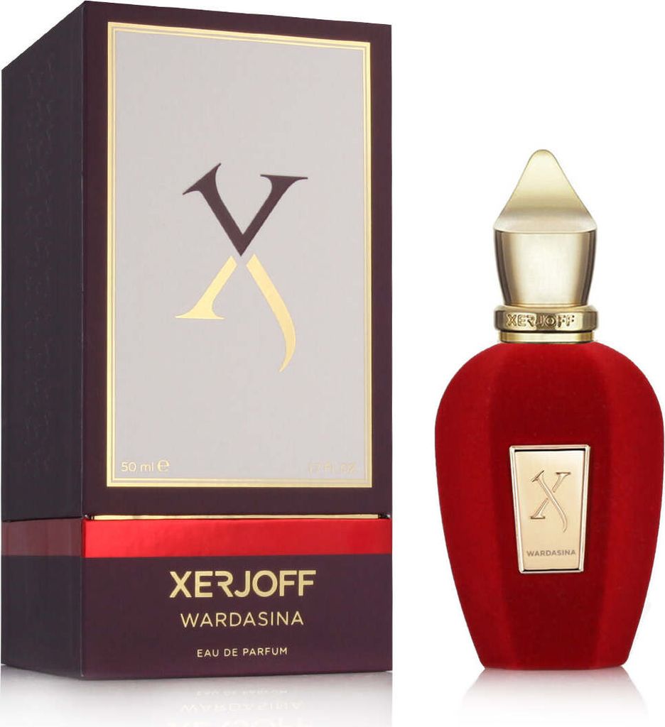 A perfume bottle and its packaging are displayed side-by-side against a white background.