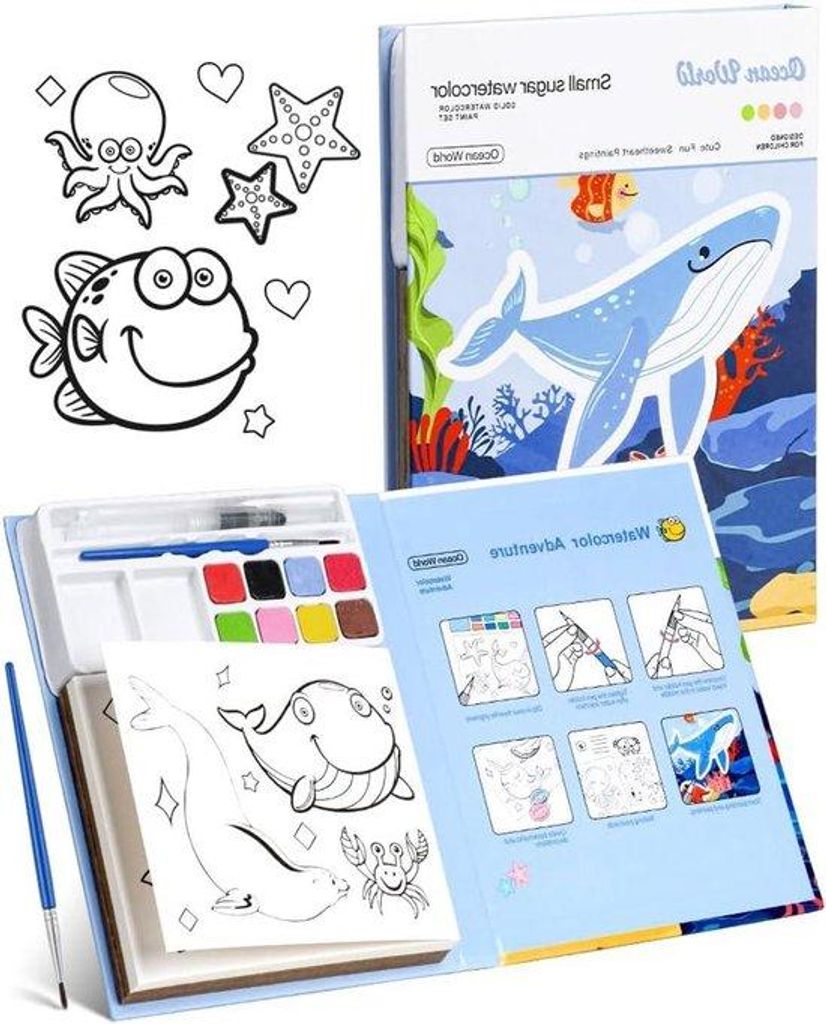 Aquarellmalbuch für Kinder ab 3-12 Jahren mit 18 Seiten und Malblok