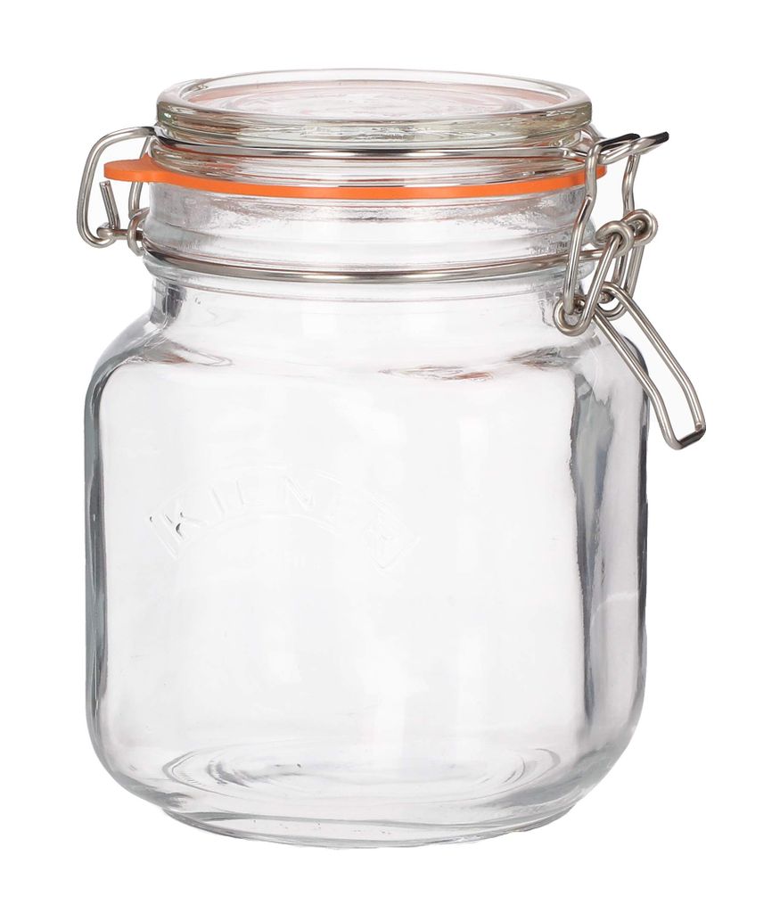 A clear glass jar with a silver wire bail closure and an orange rubber seal.
