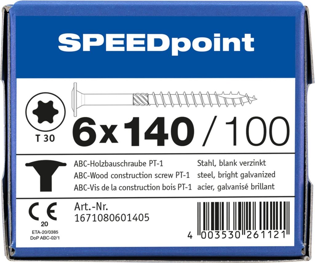 ABC SPEEDpoint Holzbauschraube Tellerkopf T30 Teilgewinde Schabenut A2J 6x140mm (100)