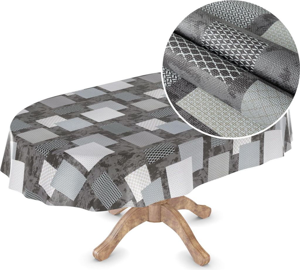 Tischdecke Wachstuch Premium Ornamente Grau Robust Wasserabweisend Oval Breite 140 cm Länge 300 cm