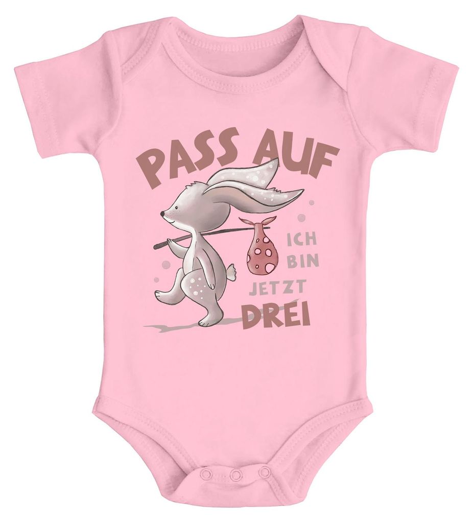 Babybody mit Spruch zum Geburtstag Ich bin jetzt Eins | Zwei | Drei Hase Tiere kurzarm Body Baumwolle Moonworks 3 Jahre rosa 6-12 Monate