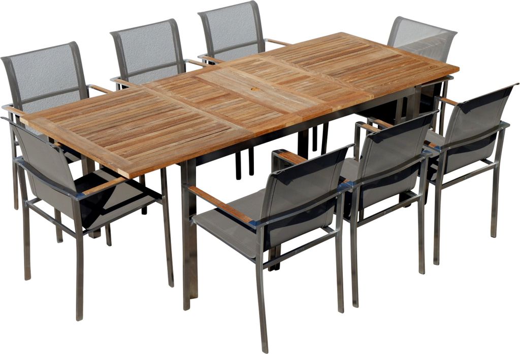 ALEOS. Gartengarnitur Edelstahl Batyline A-Grade Teak Holz Set Ausziehtisch 160-220 x 90 cm + 8 Sessel mit Batyline Bespannung Serie KUBA-BRAUN Gas...