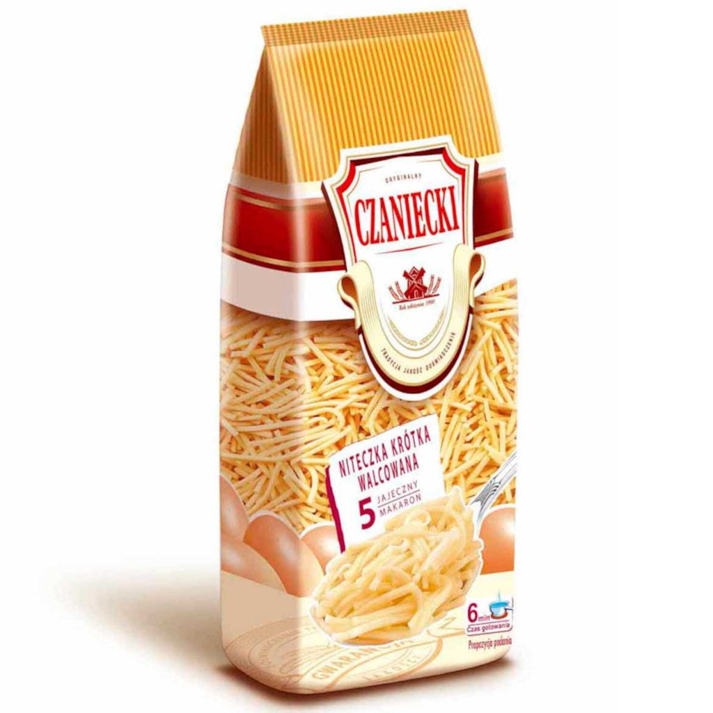 A bag of pasta on a white background.