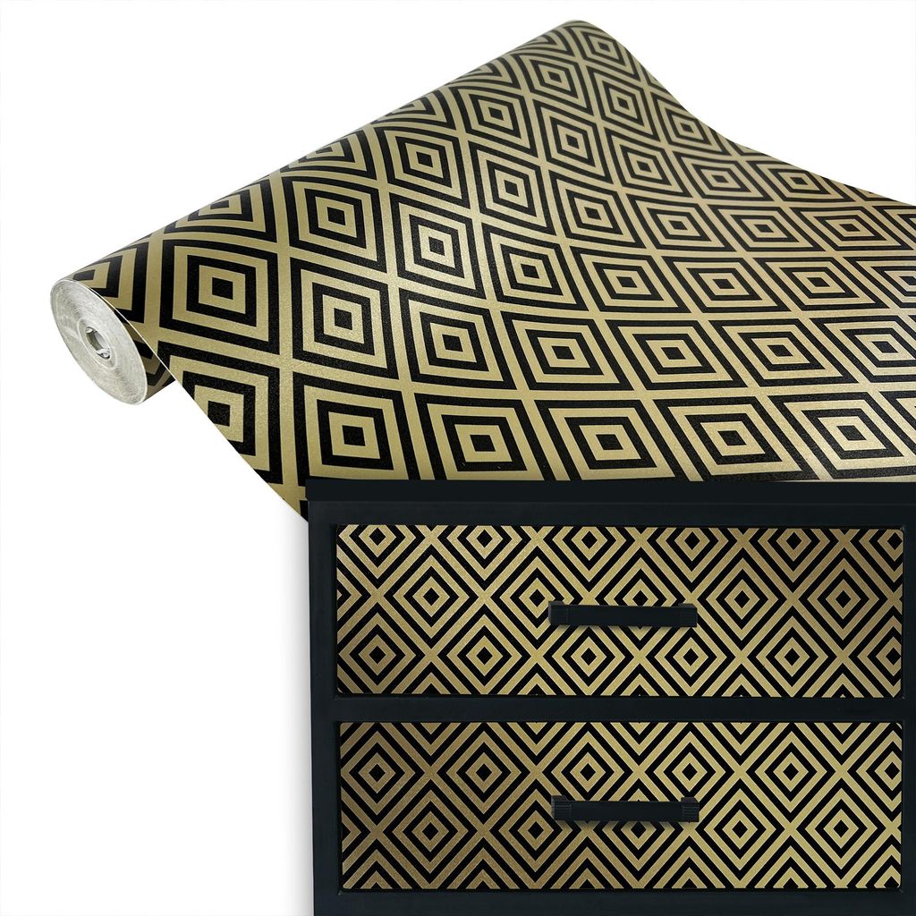 Klebefolie Möbel 45x100 cm - Goldene Quadrate - Möbelfolie selbstklebend in Deko-Stil - Folie für Möbel zur schnellen Renovierung von Türen un...