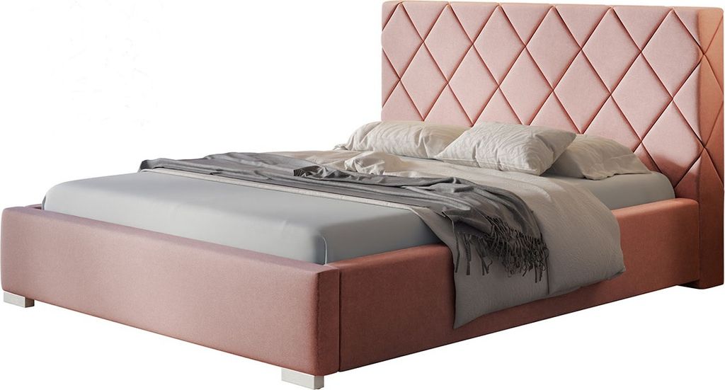 Polsterbett Málaga mit Kopfteil, 160x200 cm, Doppelbett mit Bettkasten und Lattenrost aus Holz, Velourstoff Grau