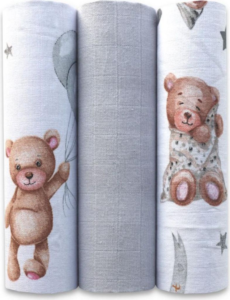 Three rolled-up baby blankets with teddy bear and balloon prints, and one plain gray blanket.