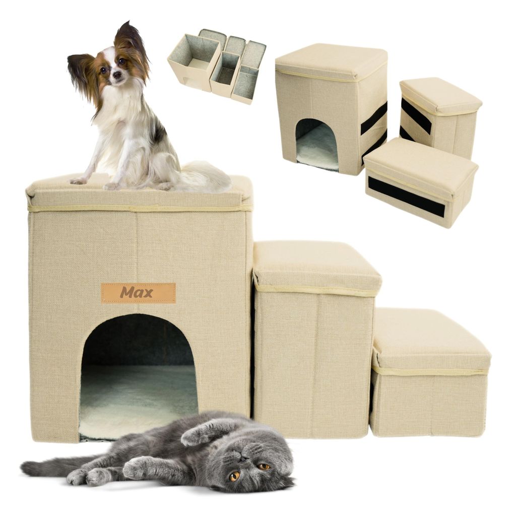 3-in-1 Haustiertreppe mit Höhle und Stauraum für kleine Hunde und Katzen