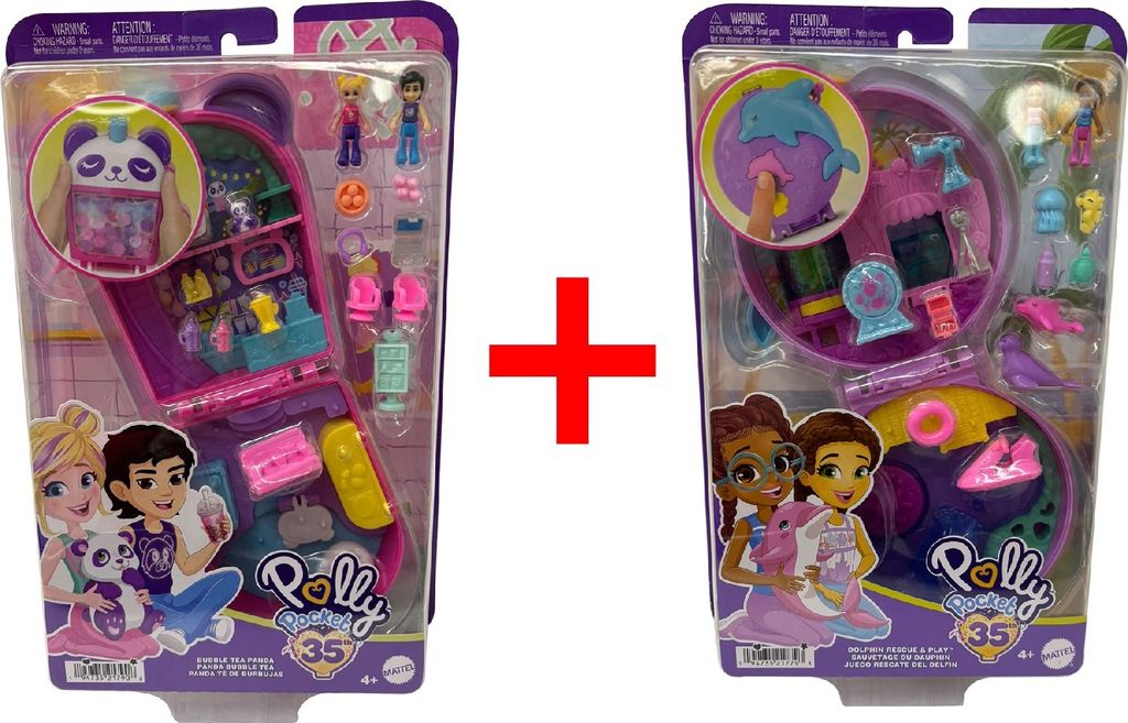 2er-Set Polly Pocket 35th-Edition HWN9 Bubble Tea Panda Schatulle und HWN96 Delfin Rettungsstation Schatulle, Mini-Puppen, Geschenk-Set