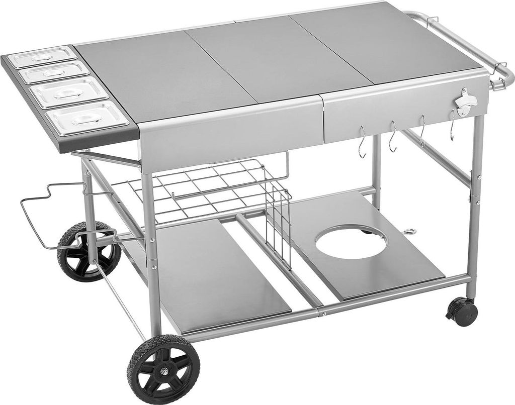 SucceBuy Grillwagen Outdoor 925x595x25 mm (Tischplattengröße), Mobiler Grilltisch mit 4 Gewürzbehältern, Rädern, Deckeln und Haken, Vorbereitu...