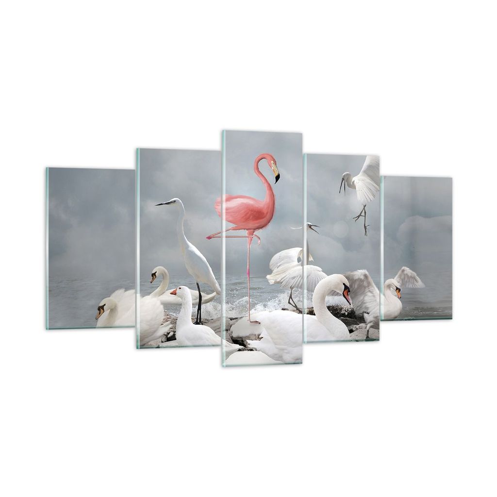 Bilder auf glas - 5 Teile - Flamingo Schwan Fantasie - 160x85cm - Glasbilder - Wandbilder - Bilder - zum Aufhängen bereit - Wanddekoration aus Gla...