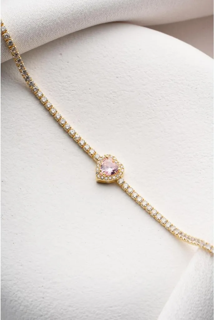 Bracelet Argent 925 Plaqué Or avec Zirconium Rose et Cœur Scintillant