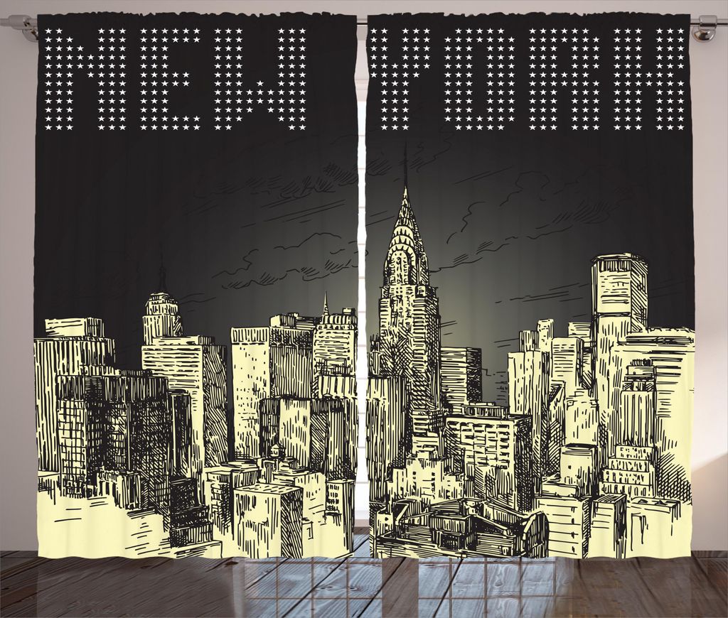 ABAKUHAUS New York Rustikaler Gardine, Grunge Empire State NYC, Schlafzimmer Kräuselband Vorhang mit Schlaufen und Haken, 280 x 245 cm, Grau Gelb