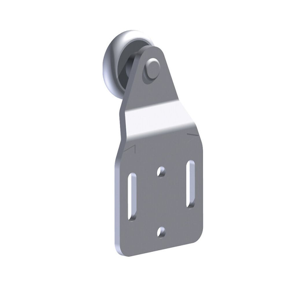 A 3D render of a metal roller bracket with a wheel, isolated on a white background.