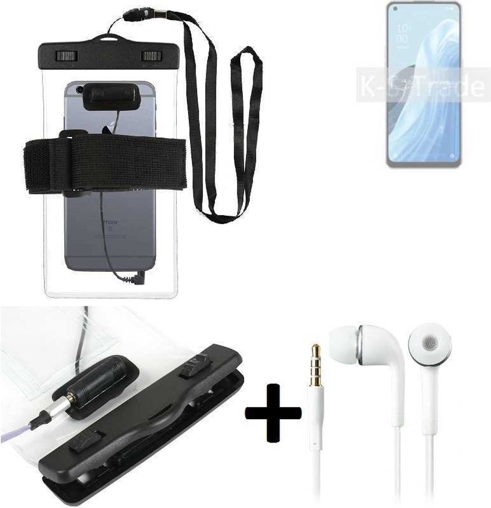 K-S-Trade Wasserdichte Hülle + Kopfhörer kompatibel mit Oppo Reno7 A 5G transparent Jogging Armband Wasserfeste Handy Hülle beach bag outdoor
