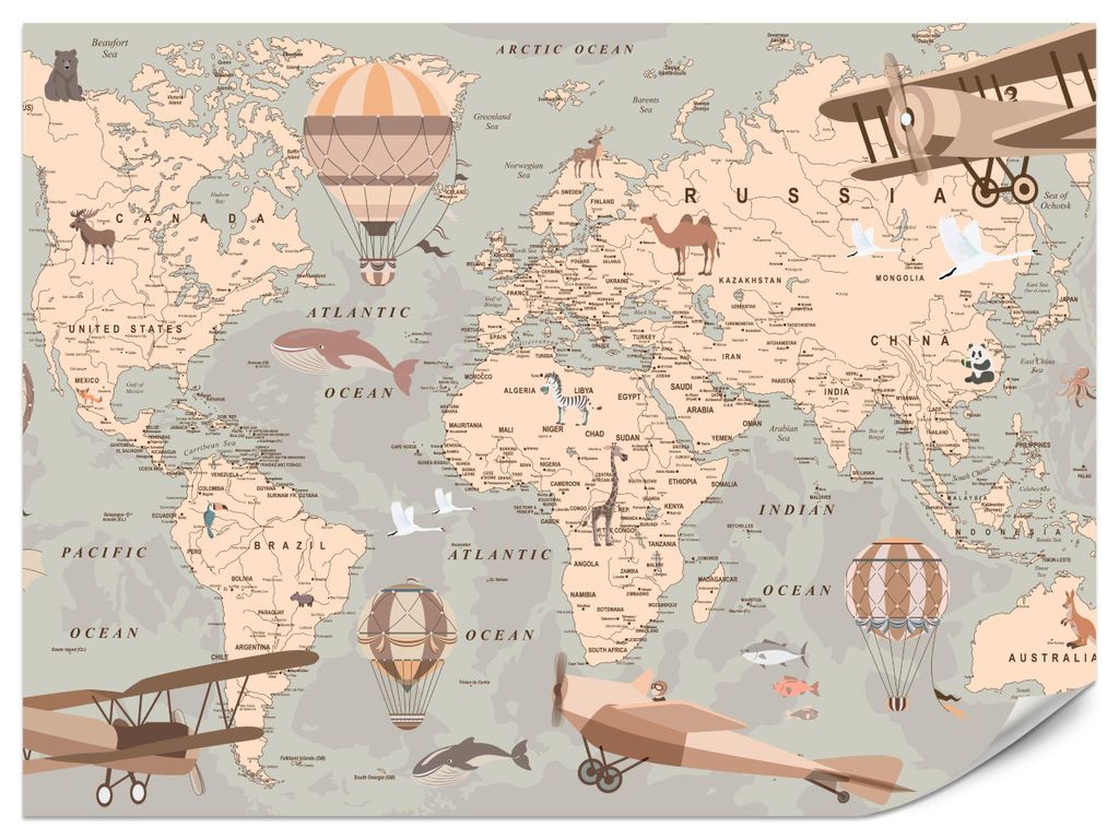 Selbstklebende Fototapete für Mädchen Jungen Weltkarte Erdkarte Tiere Flugzeuge Ballons Wanddeko für Kinderzimmer Br. 90 cm x Hö. 60 cm