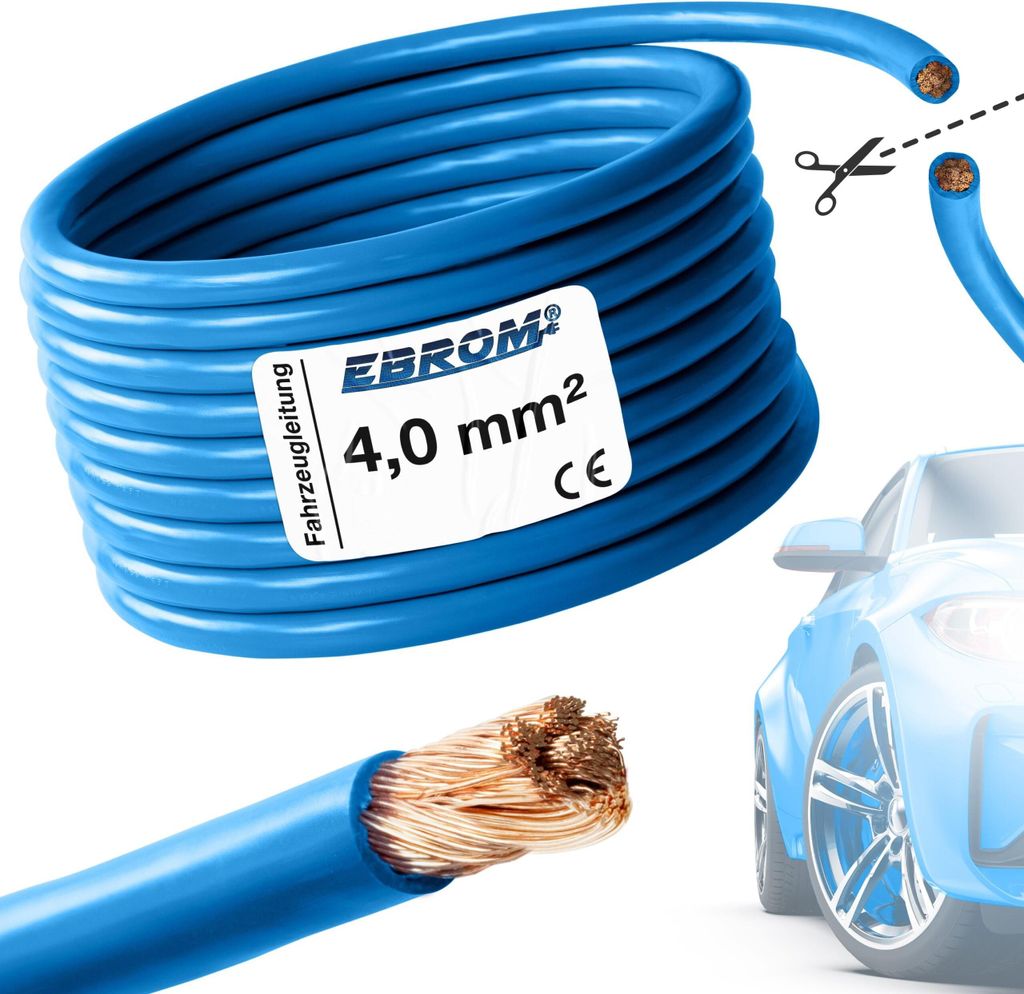 25 Meter EBROM FLRY 4mm2 Fahrzeugleitung - KFZ Leitung - Farbe: blau - Querschnitt 4 mm² (mm2) flexibel 90 ± 5 Shore 99,99% Kupfer Mantel PVC FLRy