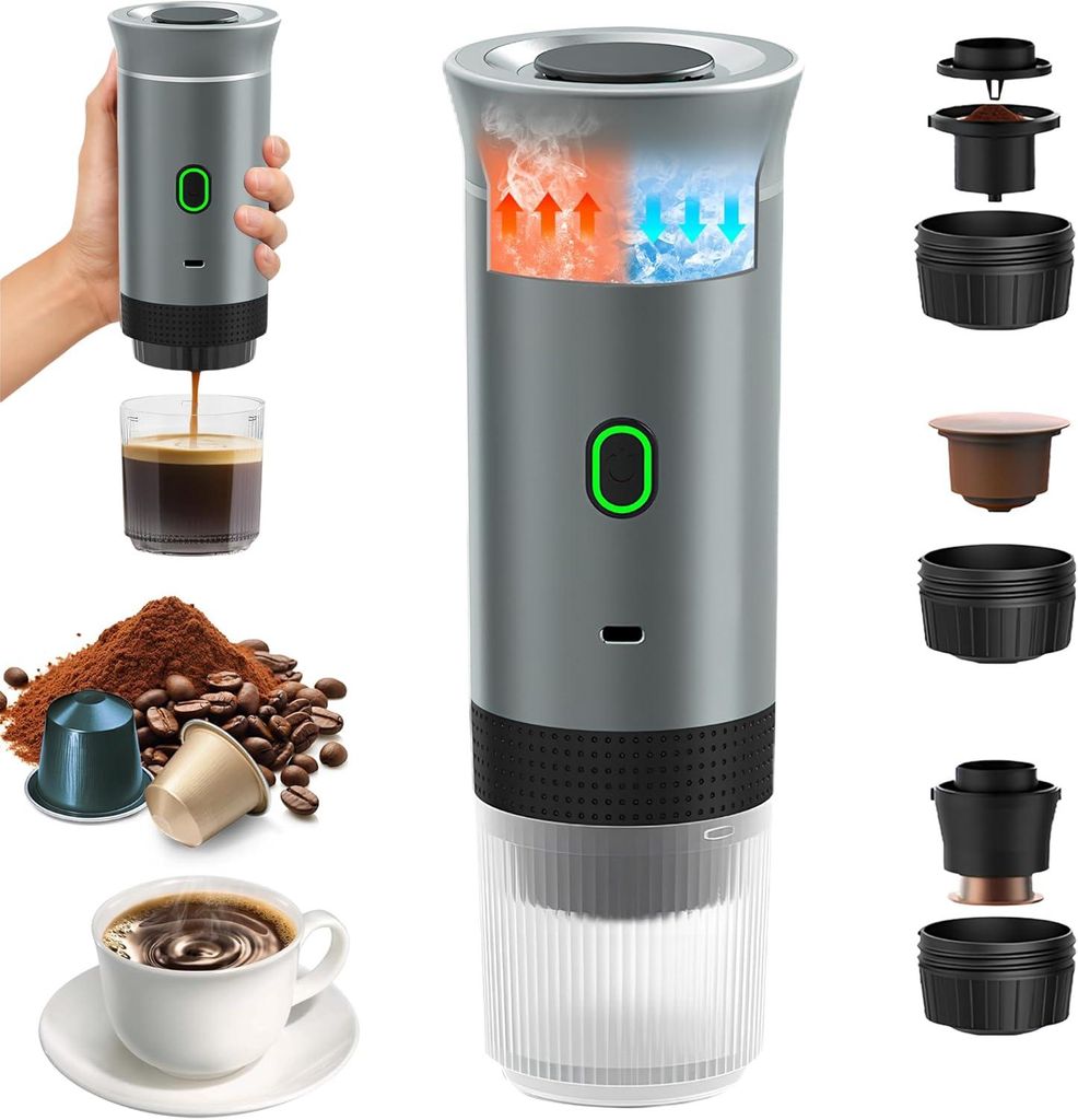 Tragbare Kaffeemaschine, 3-in-1-Espressomaschine für Kapseln und gemahlenen Kaffee, elektrische Espressomaschine mit Schnellaufheizfunktion für B...