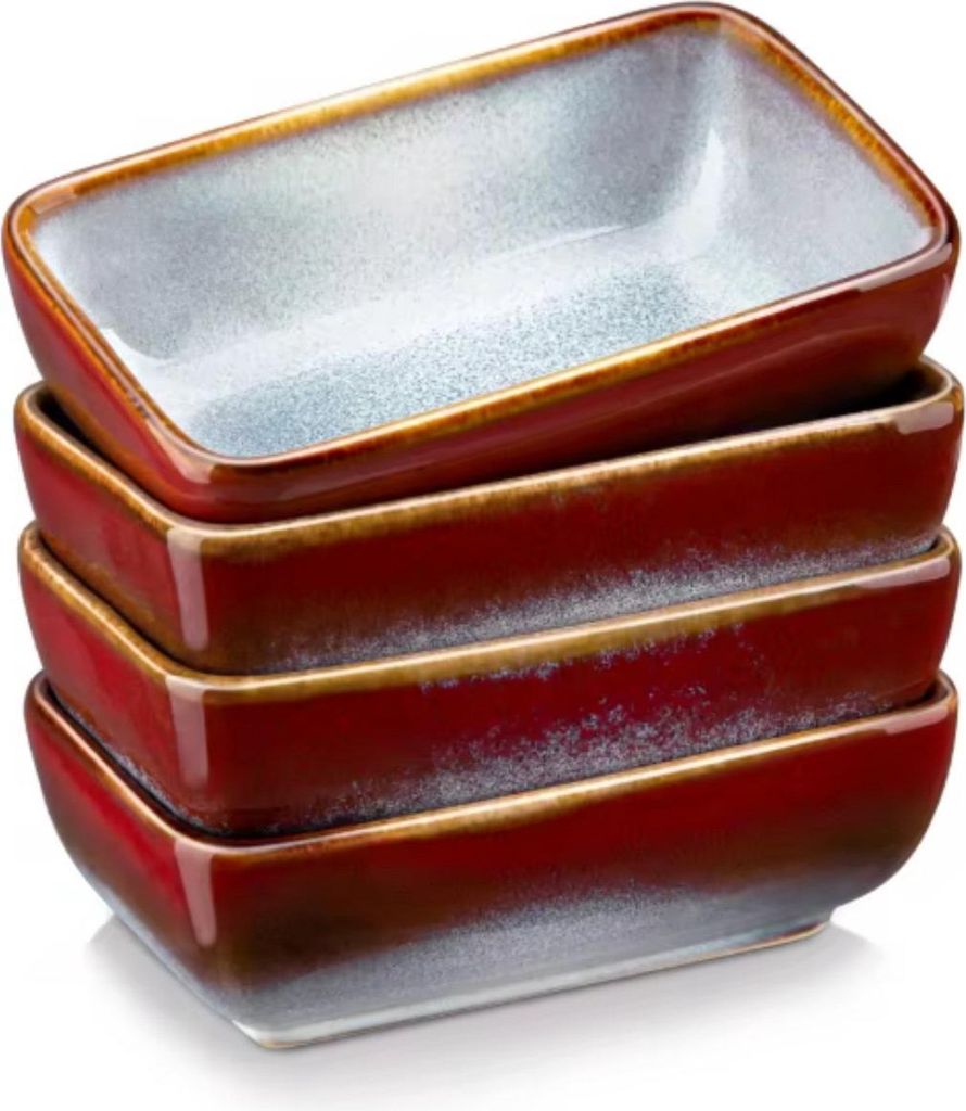 Celestia Tafelservice 4-teilig – Rechteckige Essteller 4,5 Zoll – Rot – Tiefe Teller – Frühstücks- und Servierset – Keramik Geschirr
