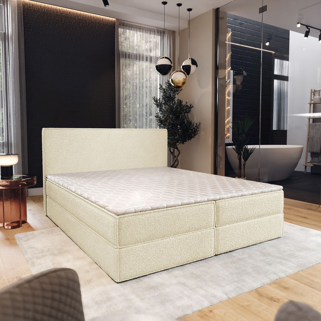 Masseno Boxspringbett PELLIO 140x200 cm Komplett-Set mit Bonell Matratze und Topper, Polsterbett mit Bettkästen -Creme, QUELLE 02