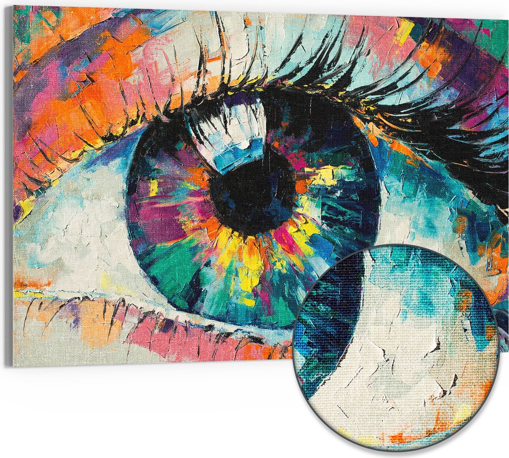 DEQORI Hybrid Leinwand Bild 90x60 cm 'Auge in bunten Ölfarben' Wandbild Glas flach modern