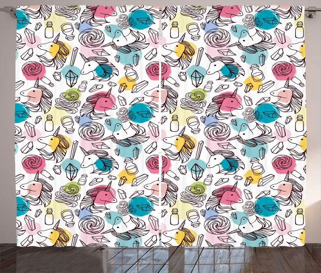 Rideau Licorne blanc multicolore en tissu haute densité avec fixations
