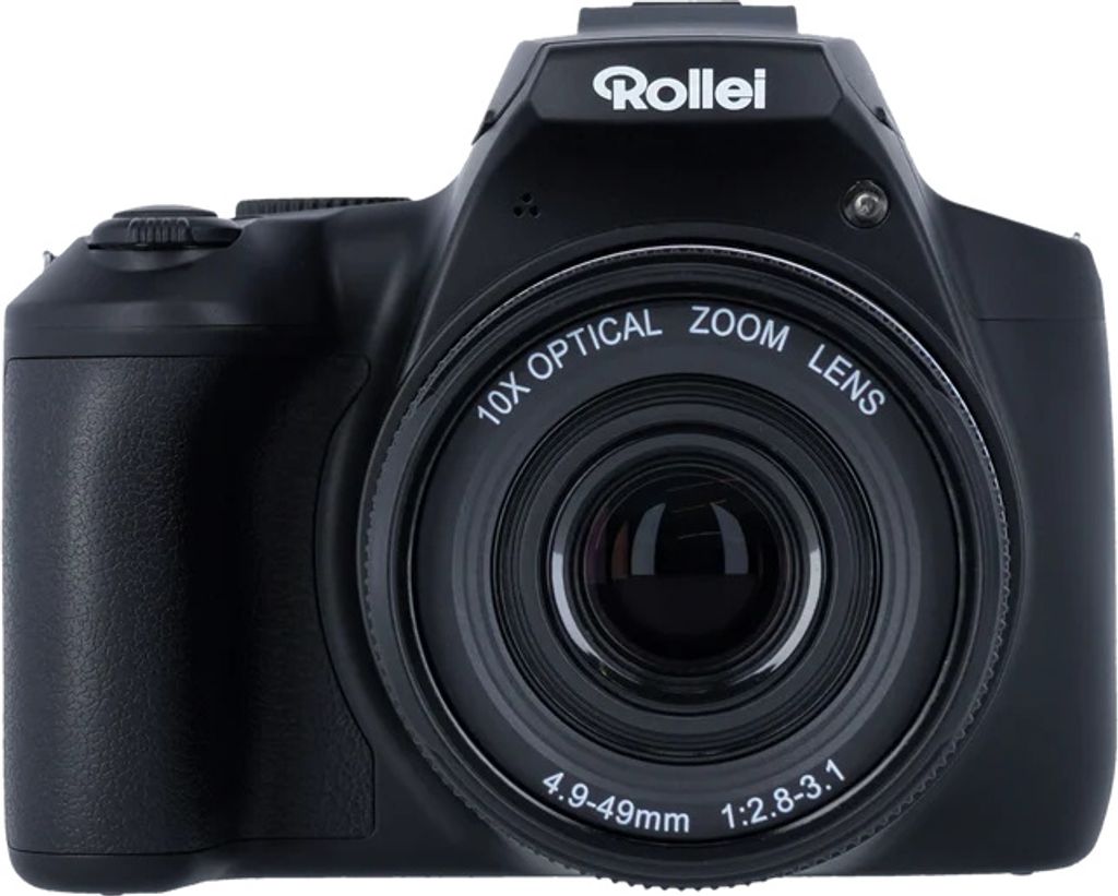 A front view of a black Rollei Powerflex10X digital camera against a white background.