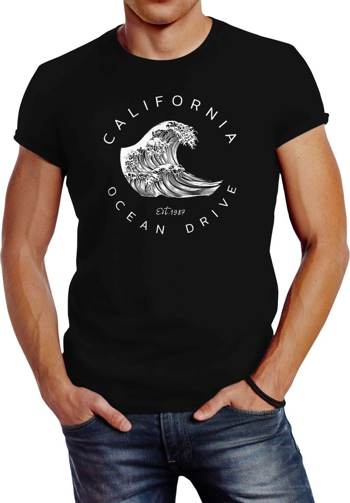Herren T-Shirt Welle Wave California Ocean Drive Surf Summer Slim Fit Neverless schwarz 3XL
