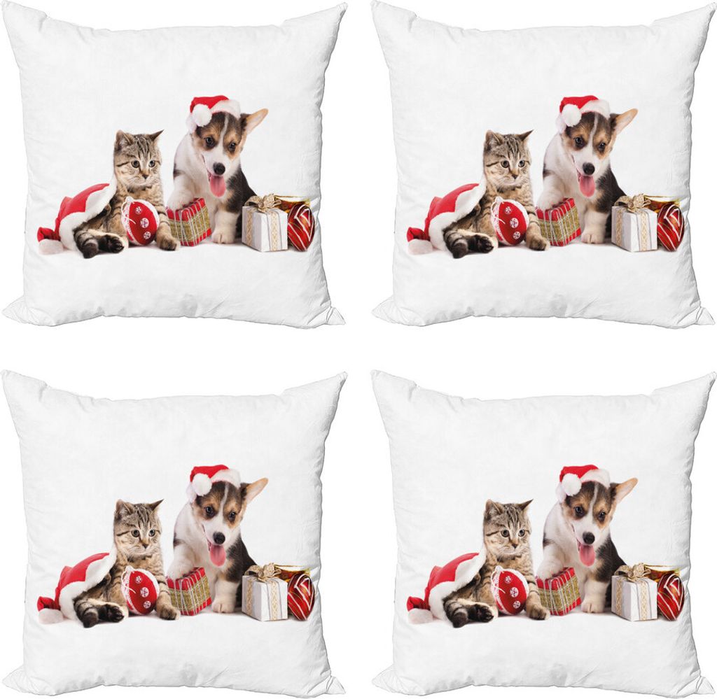 ABAKUHAUS Weihnachten Kissenbezug Set (4 Stück), Hund Katze mit Geschenken, Moderner Doppelseitiger Digitaldruck, 50 cm x 50 cm, Rot, Weiß, Braun