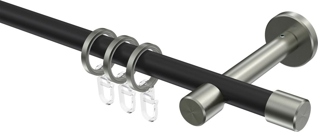Interdeco Gardinenstange / Vorhangstange Schwarz / Edelstahl-Optik, Typ Sinux Casa (Kappe), 16 mm Ø 1-läufig, 320 cm