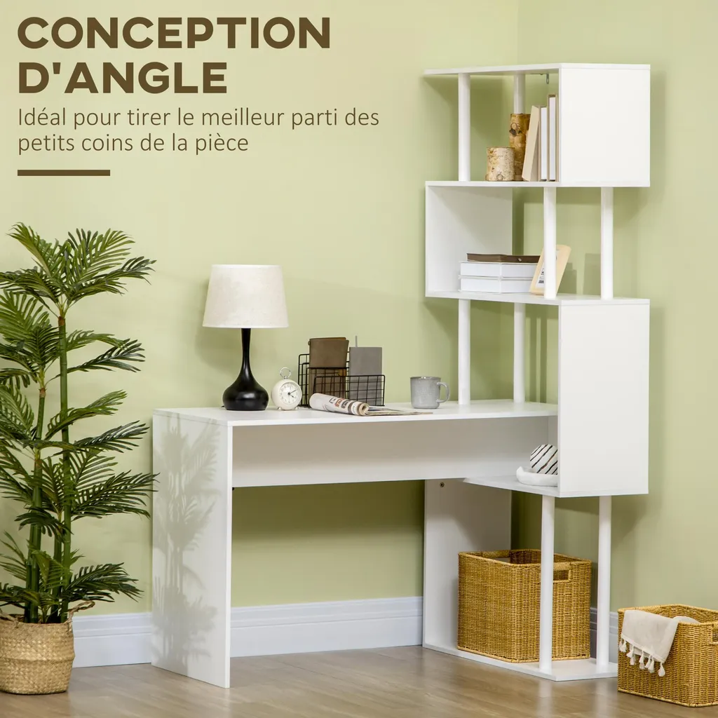Bureau d'angle compact blanc 120cm : solution gain de place et rangement - 6